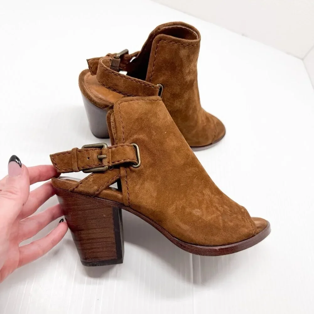 Frye Dani Shield Sling Wood Suede Open Toe Block Heel Booties 6M